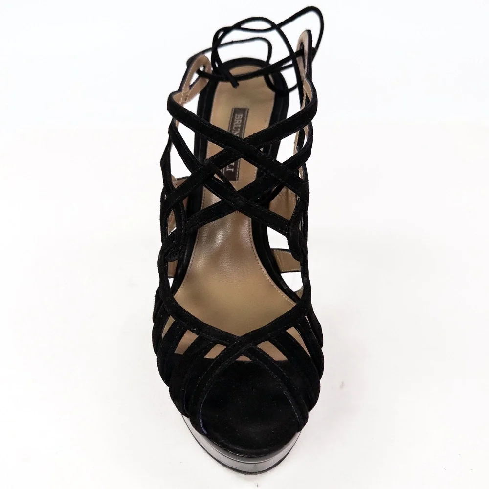 Bruno Magli Empress Black Suede Lace-Up Platform Heels Sandals Sz 38 w/ Box - Picture 6 of 11